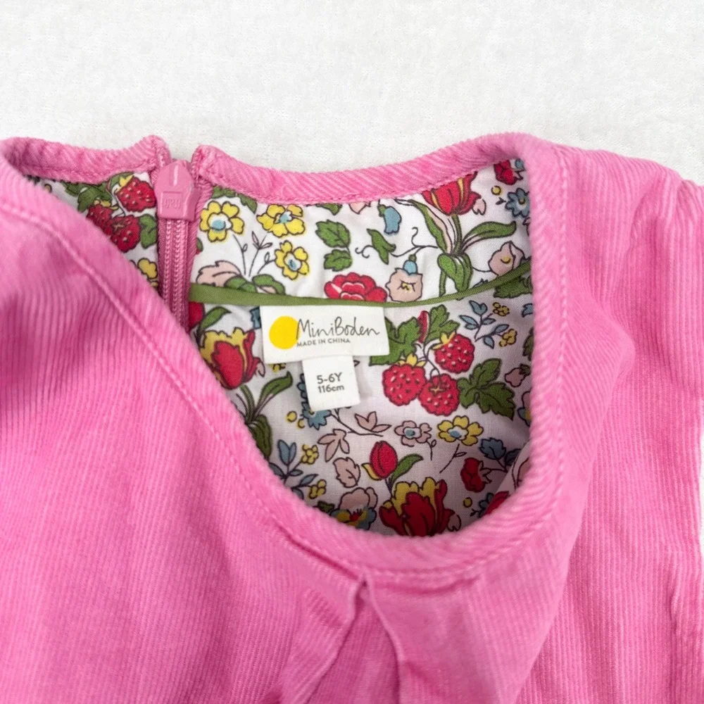 Mini Boden Dress Girls Size 5 / 6 Pink Corduroy Fox Pinnie Back to School